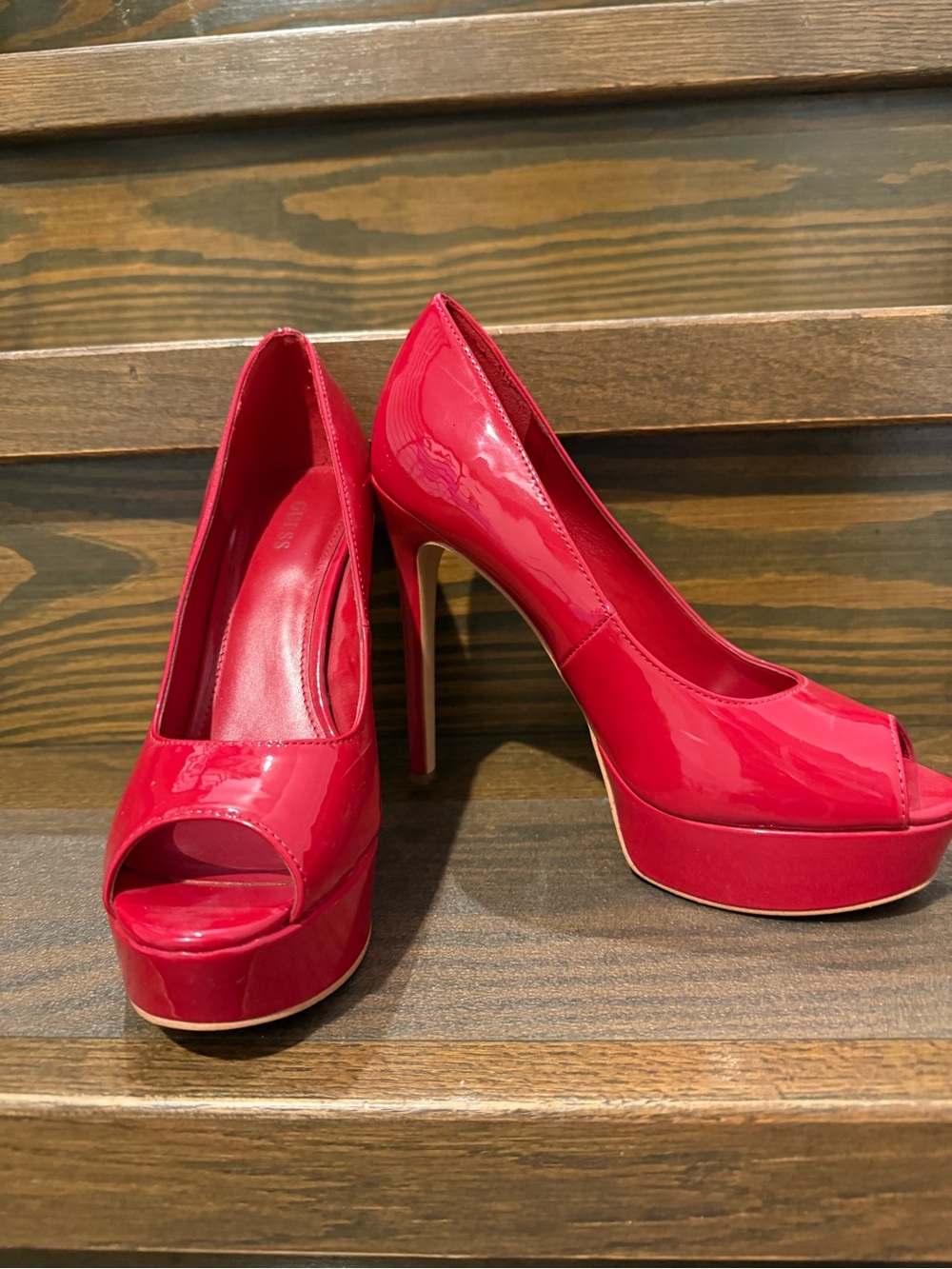 Red Guess Peep-Toe Platform Heels - Women's Dress Pumps